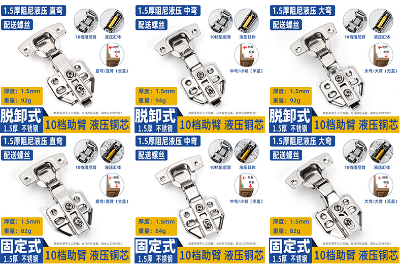 加厚不锈钢铰链静音缓冲橱柜衣柜柜门飞机合页液压弹簧折页批发详情20
