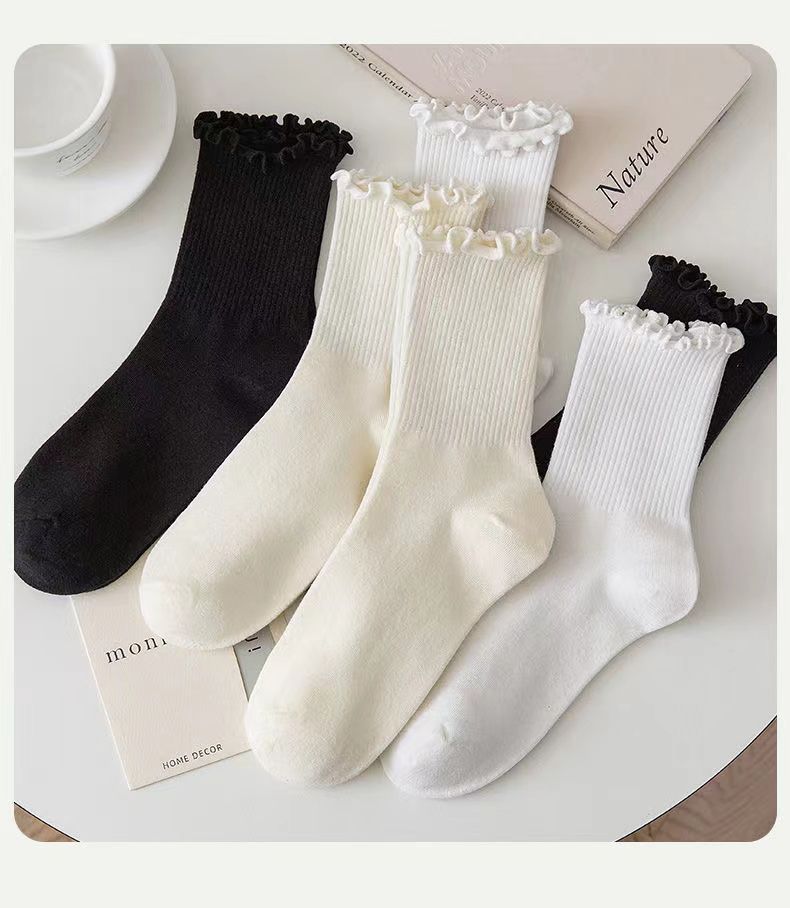 Summer Korean mid-calf socks for women, white lace jk socks, spring and autumn black ear-trimmed long calf socks, Japanese style ins trendy socks pic 14
