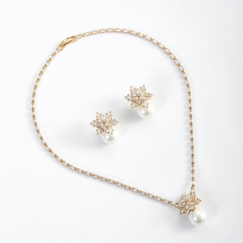 日韩高端珍珠锆石雪花项链耳饰套装韩版名媛气质冷淡风时尚首饰LYTJ5365格蒂莎珠宝饰品宴会礼服配饰锆石套链详情12