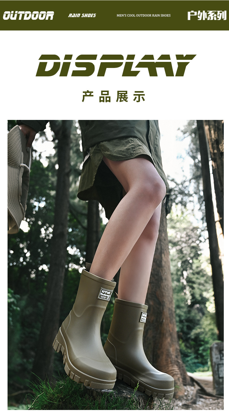 跨境时尚雨鞋女厚底耐磨防滑水鞋韩版中高筒露营风雨靴防水洗车鞋详情12