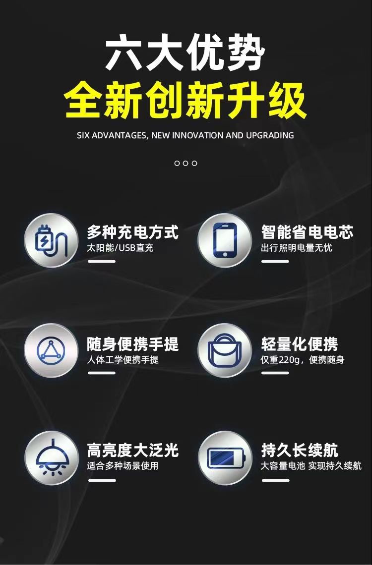 新款太阳能充电式USB强光手电筒超亮8头led手电筒手提探照灯远射详情4