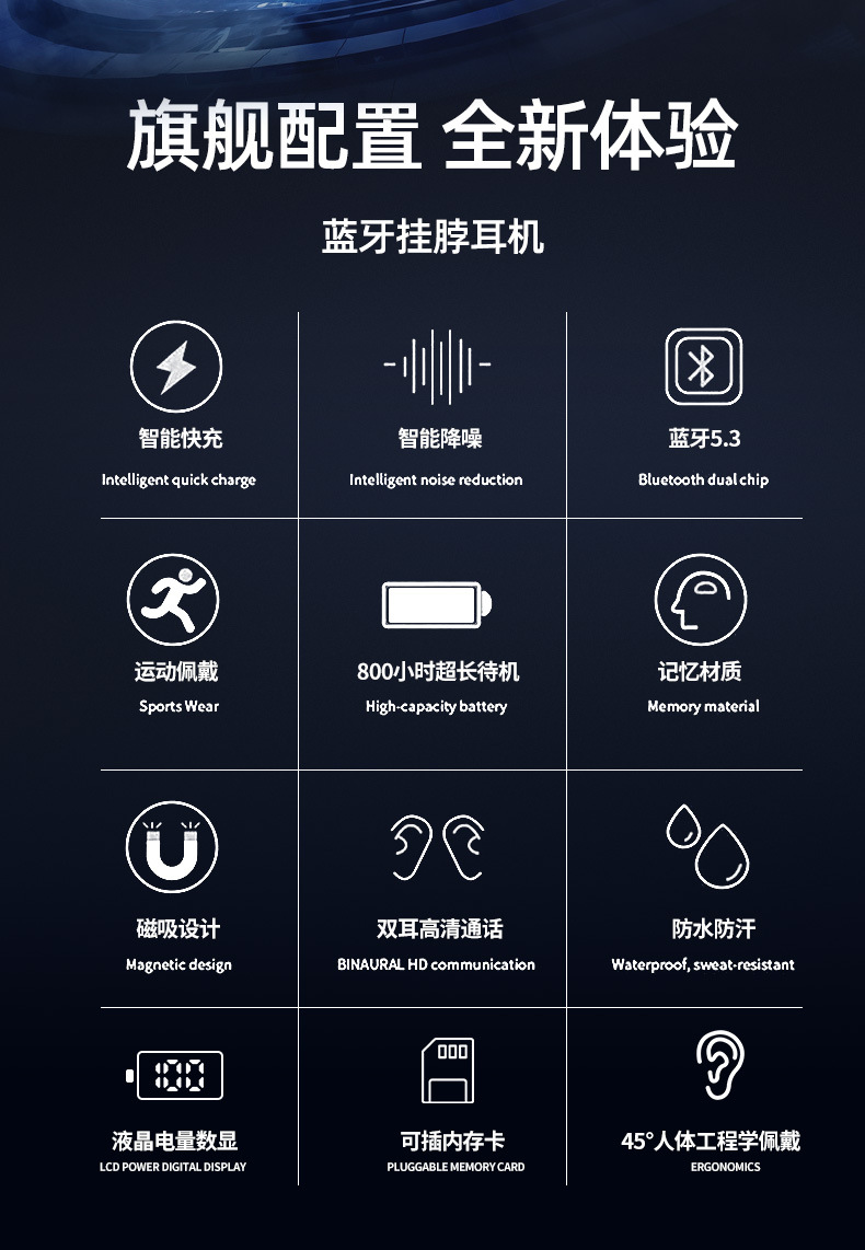 Magnetic neckband Bluetooth headphones with digital display, in-ear sports neckband, high-battery, ultra-long battery life wireless headphones pic 3