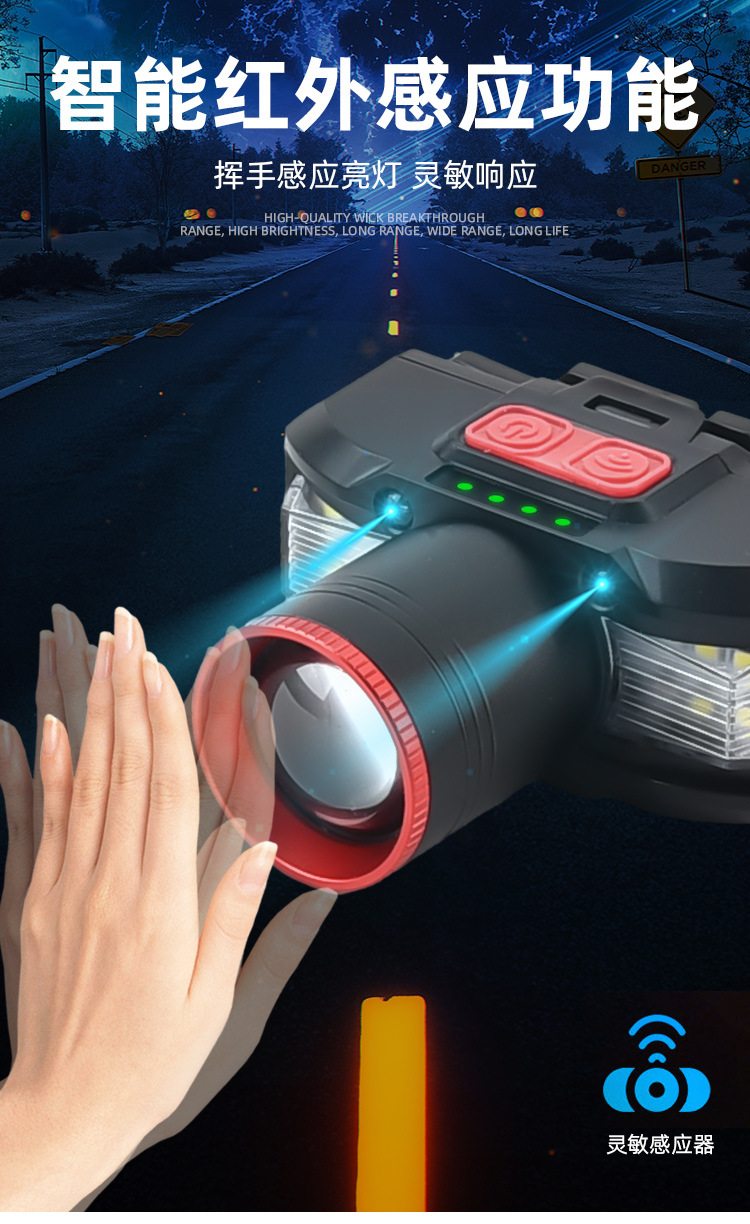 白激光芯片挥手感应头灯USB可充电户外头戴式夜钓灯白激光头灯详情7