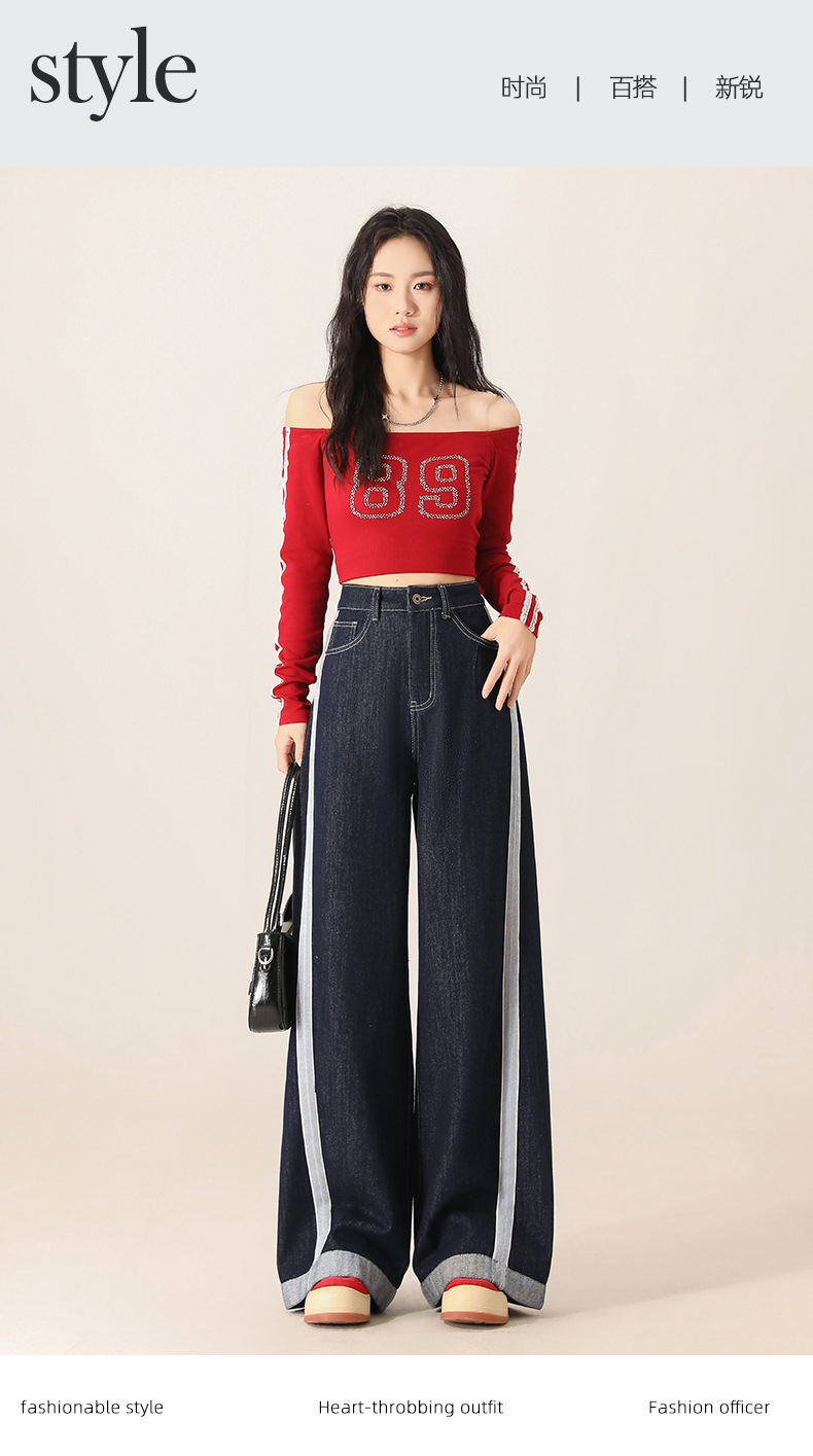 Denim wide-leg jeans for women, Spring 2025 new style, color-blocking and patchwork high-waisted loose straight-leg floor-length pants pic 12