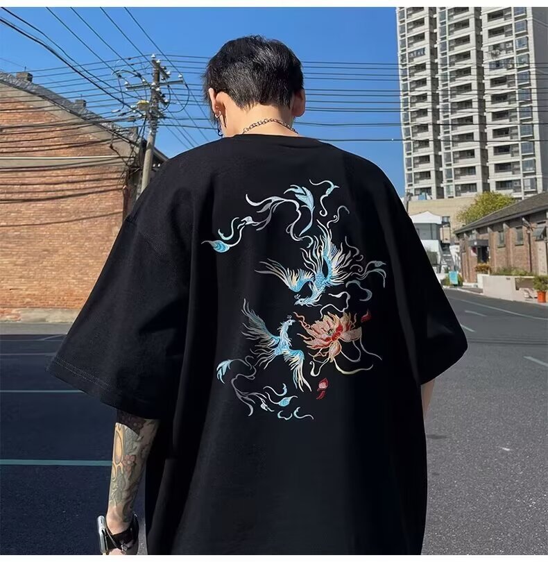 国潮中国风衣服白色纯棉短袖t恤男宽松大码凤凰潮牌重磅半袖夏季详情11