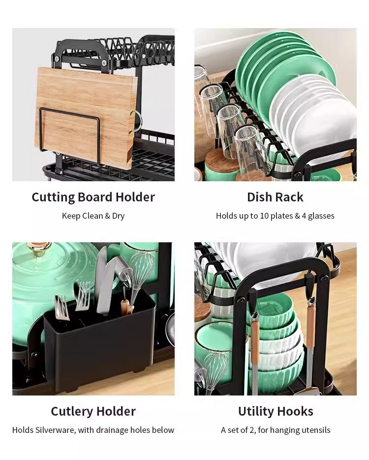 跨境亚马逊一体碗盘收纳架厨房置物架家用沥水碗碟架多功能碗筷架详情2