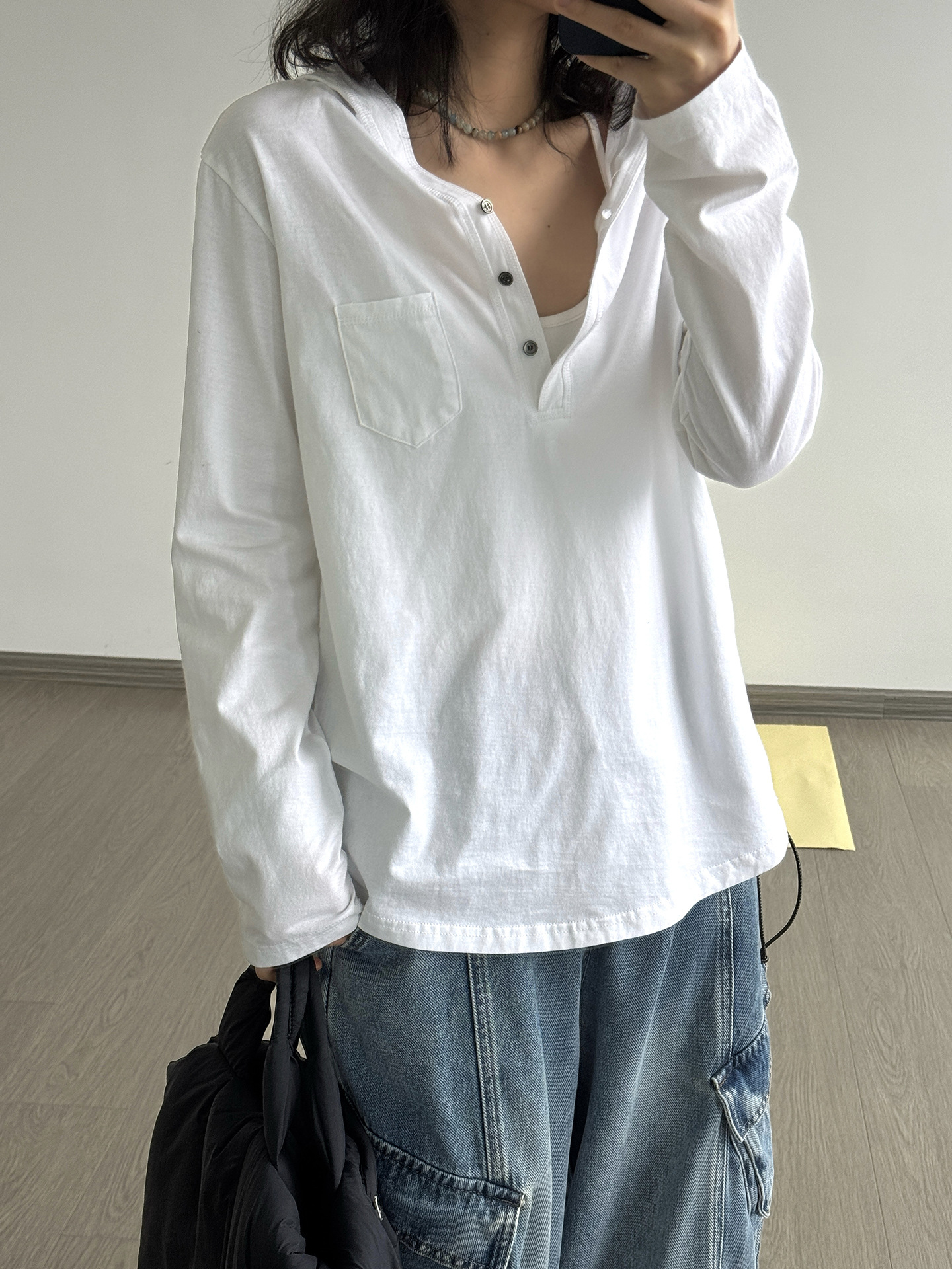 Spring and Summer new hooded Henry collar small pocket T-shirt, loose long-sleeved, laid-back top for women pic 5