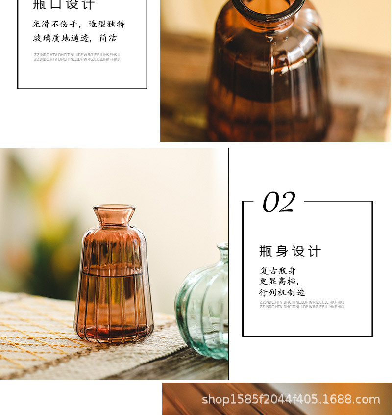 Wholesale of Amazon transparent glass vases, colorful small-mouthed, small-sized vertical patterned hydroponic fresh flower tabletop decorative items pic 5