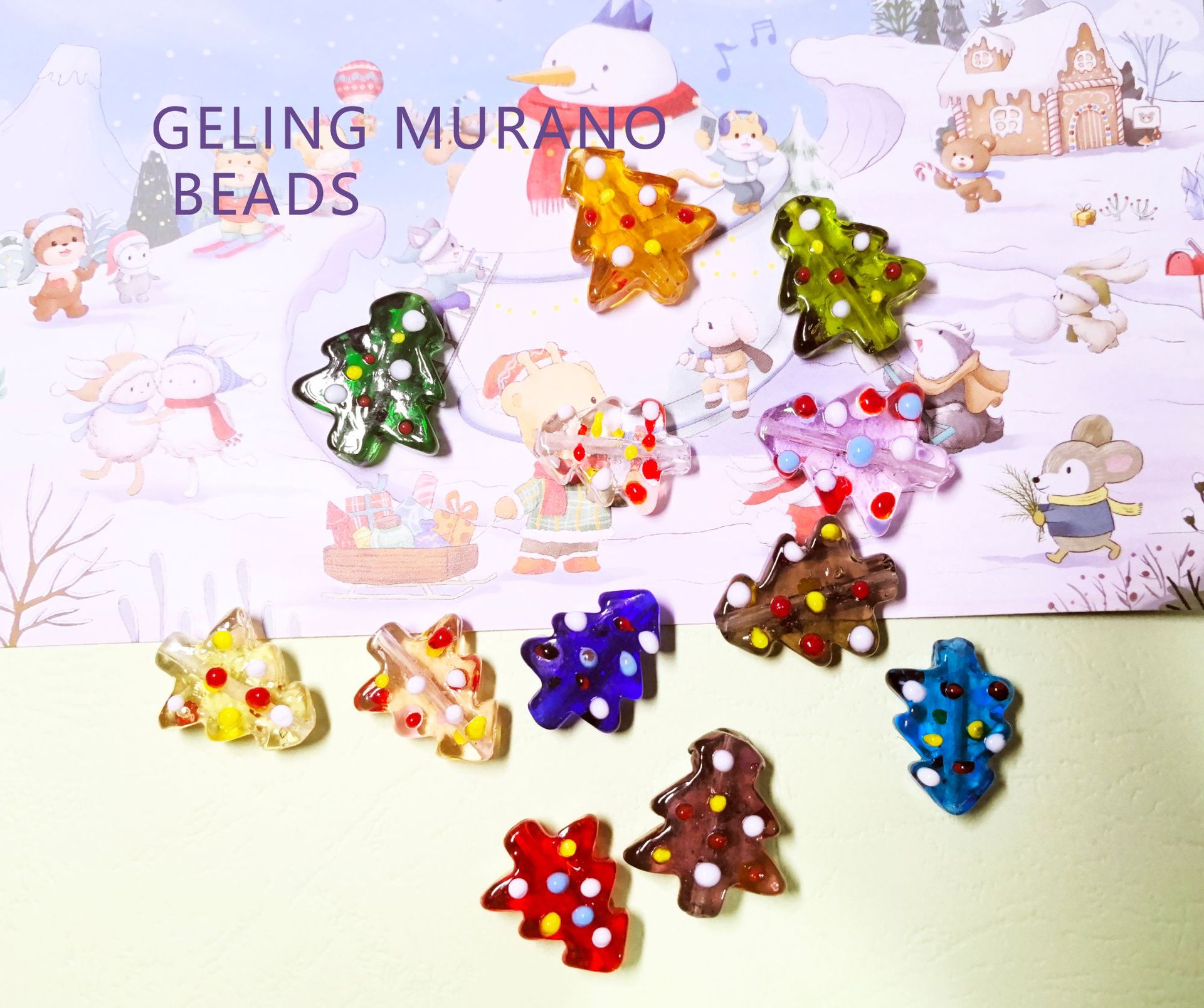 圣诞树简约可爱童趣彩色红黄白点撞色手工琉璃DIY耳环饰材料配件详情1