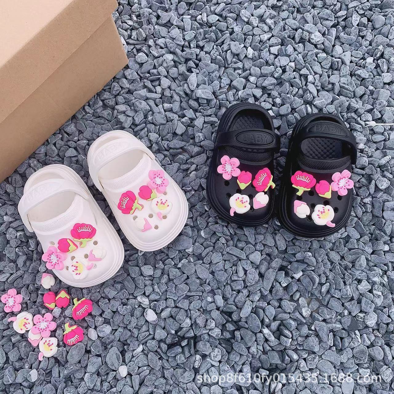 跨境儿童桃花DIY洞洞鞋卡通夏季防滑男女小孩可爱室外包头软底凉拖鞋详情2