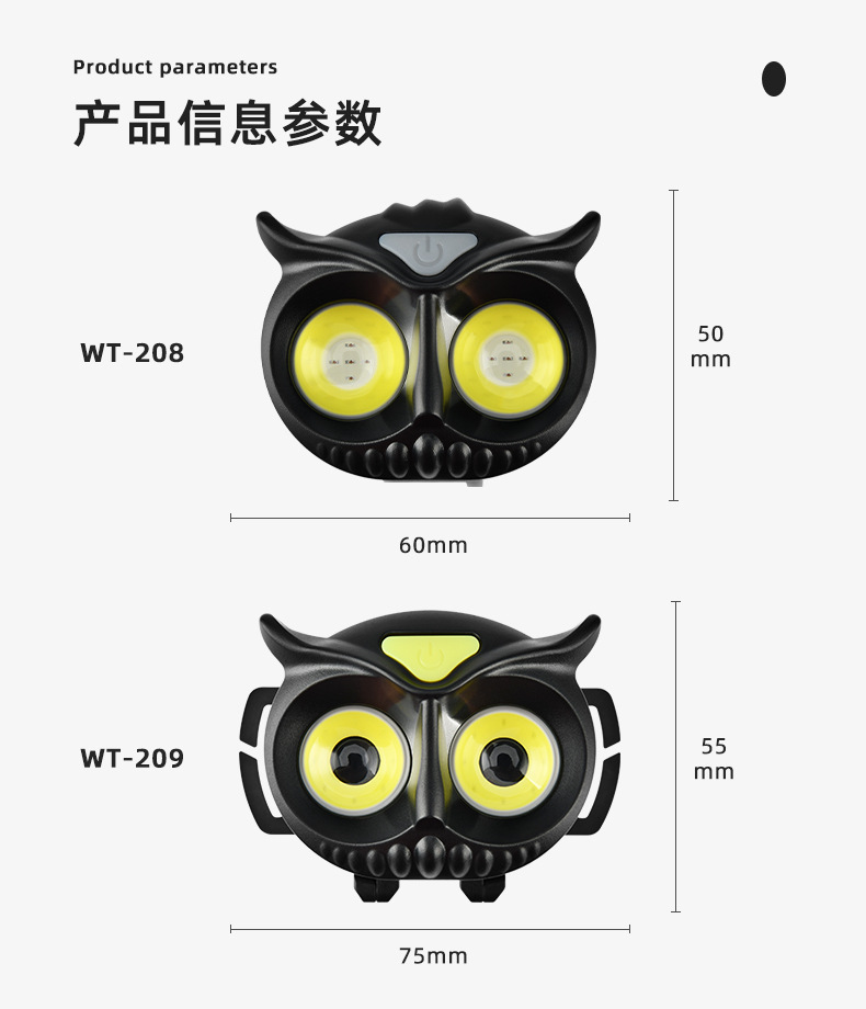 Best-selling induction owl headlamp, high-intensity LED mini portable outdoor camping fishing headlamp, COB warning headlamp pic 7