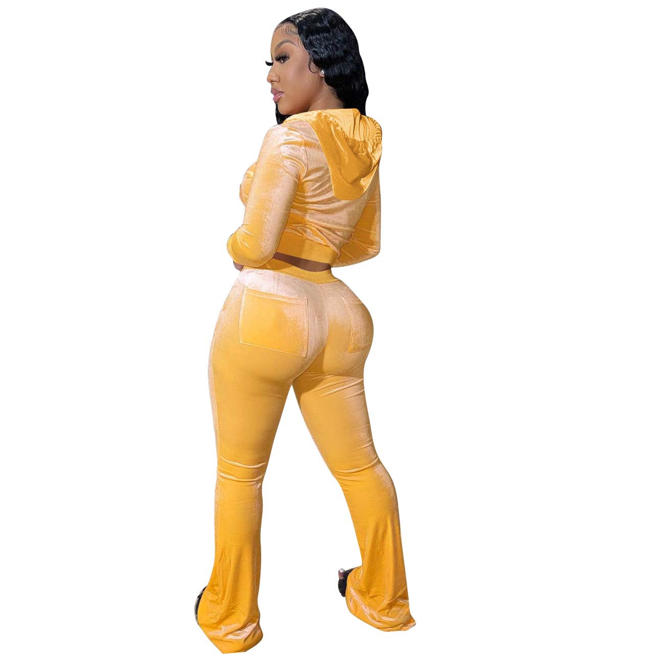 Solid color gold velvet wide-leg pants two-piece set pic 203