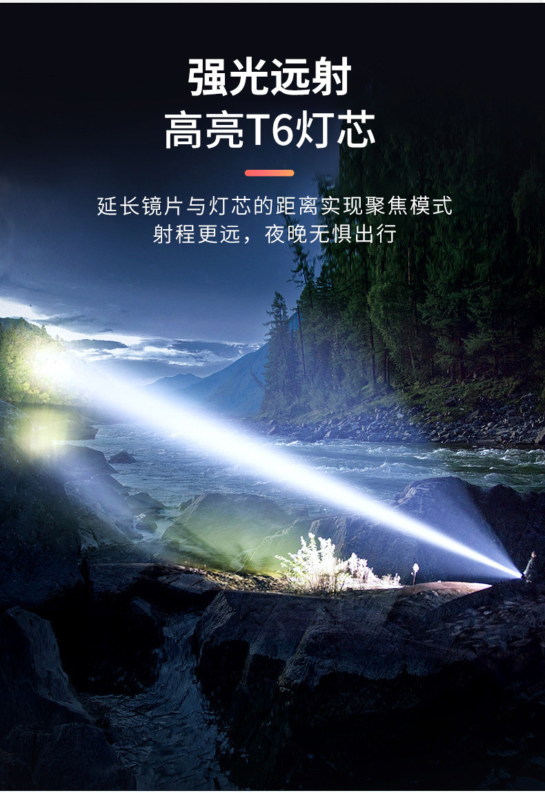 2023跨境强光手电筒探照灯太阳能USB充电户外野营便携照明灯手电详情5