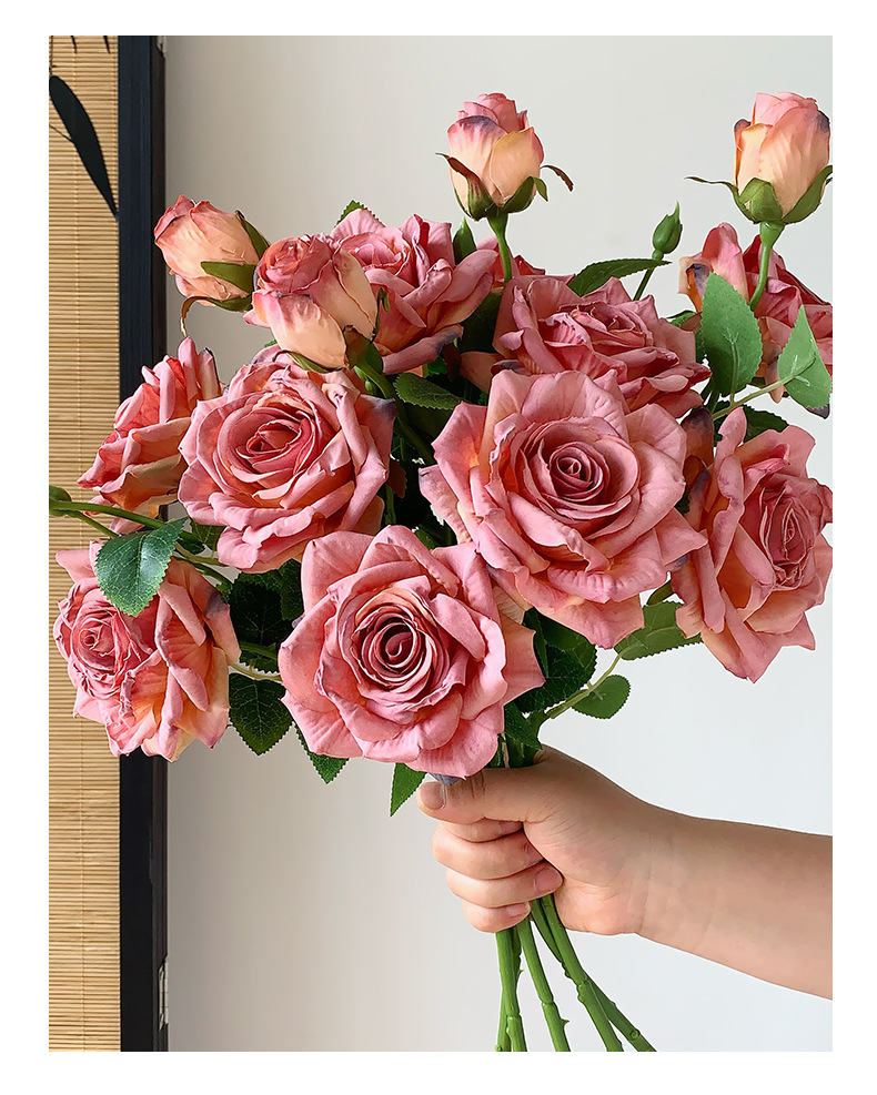 法式油画焦边3头玫瑰花仿真花干花假花花束摆设客厅装饰拍照道具详情14