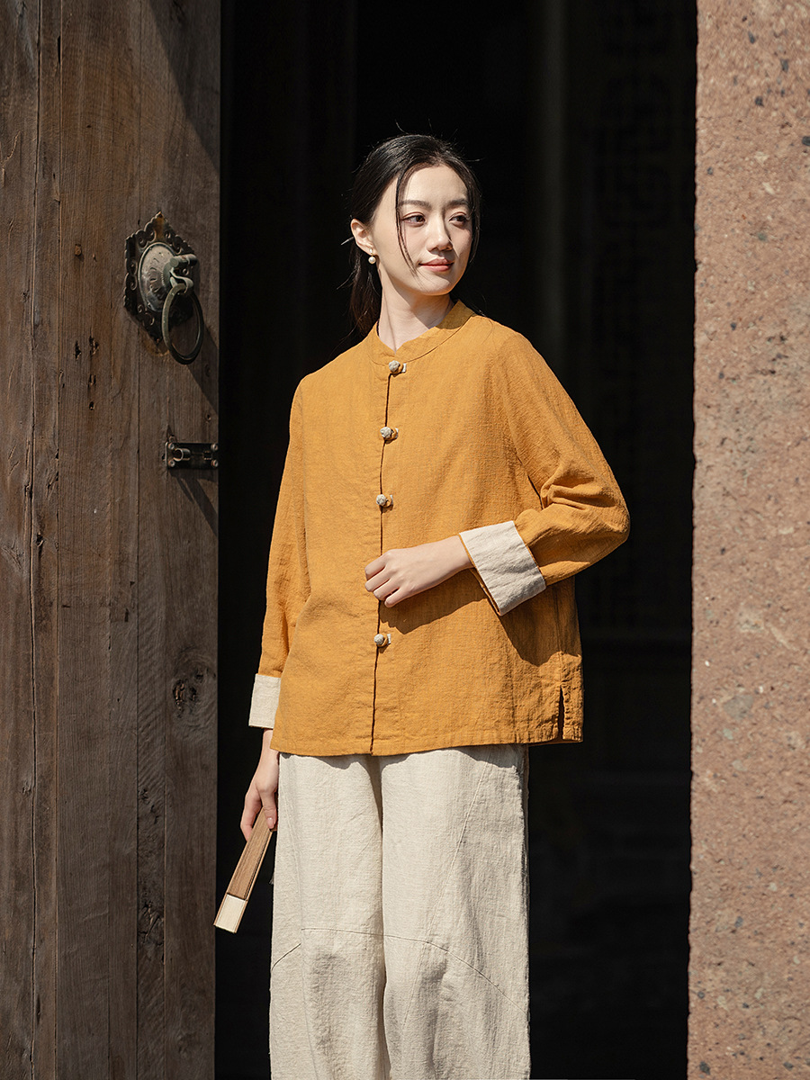 国潮中式棉麻女装拼色盘扣衬衫复古亚麻上衣茶服女禅意中山装国风开衫详情21