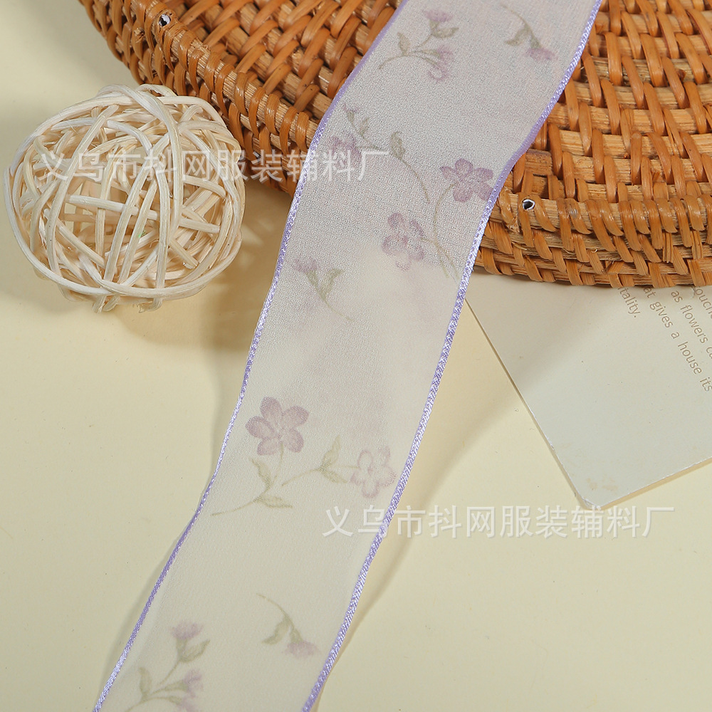 4cm transparent snow gauze ribbon hair accessory DIY bow flower material gift box packaging small floral printed ribbon wholesale pic 8