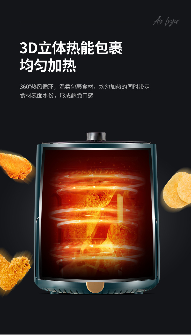 爆款骆驼6L空气炸锅家用机械式多功能一件绿色标准款底盘加热金属详情10