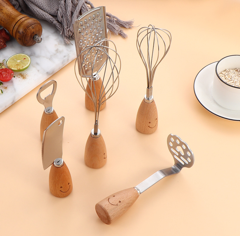Smiling face wooden handle stainless steel potato puree maker, creative egg beater, grater, small kitchen knife for cutting and pressing potatoes pic 16