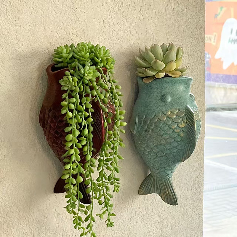 Wall-mounted spotted fish flowerpots, green ivy wall-hanging, simple European-style hanging, no need for drilling, outdoor decorative flower vases for villas pic 4