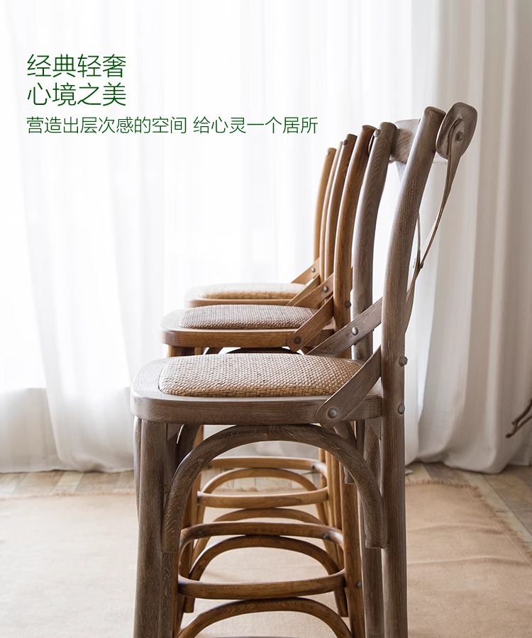 American retro trendy coffee shop solid wood chairs, simple tavern light luxury home bar chairs, high-legged backrest high bar stools pic 2
