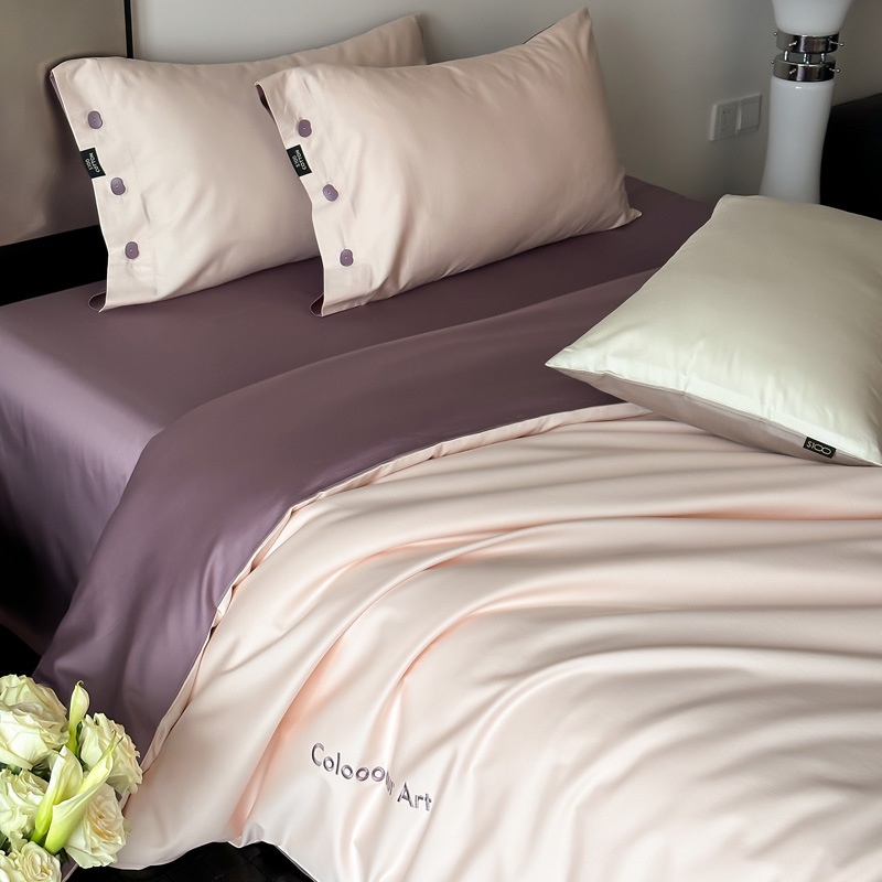 Simple, light luxury and fashionable solid-color long-staple cotton four-piece set, pure cotton letter-embroidered duvet cover, double bedding pic 102