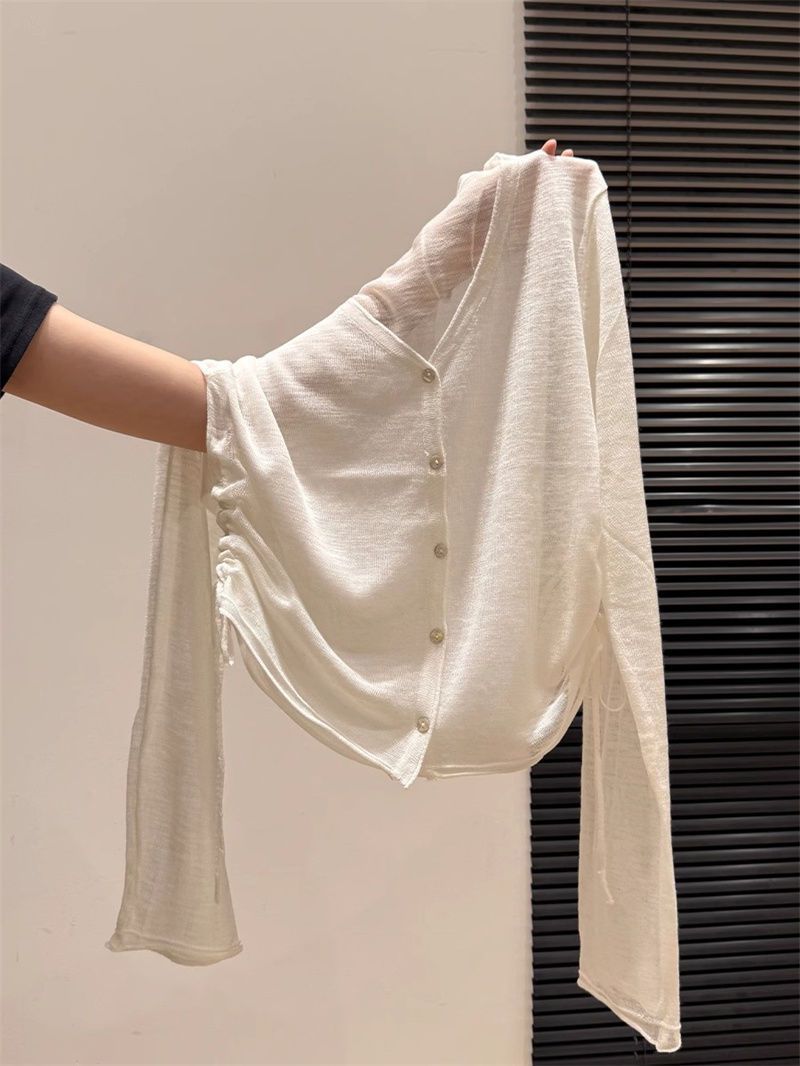 奥特莱斯~大牌余单V领防晒针织长袖开衫女潮夏季新款抽绳薄款上衣详情11