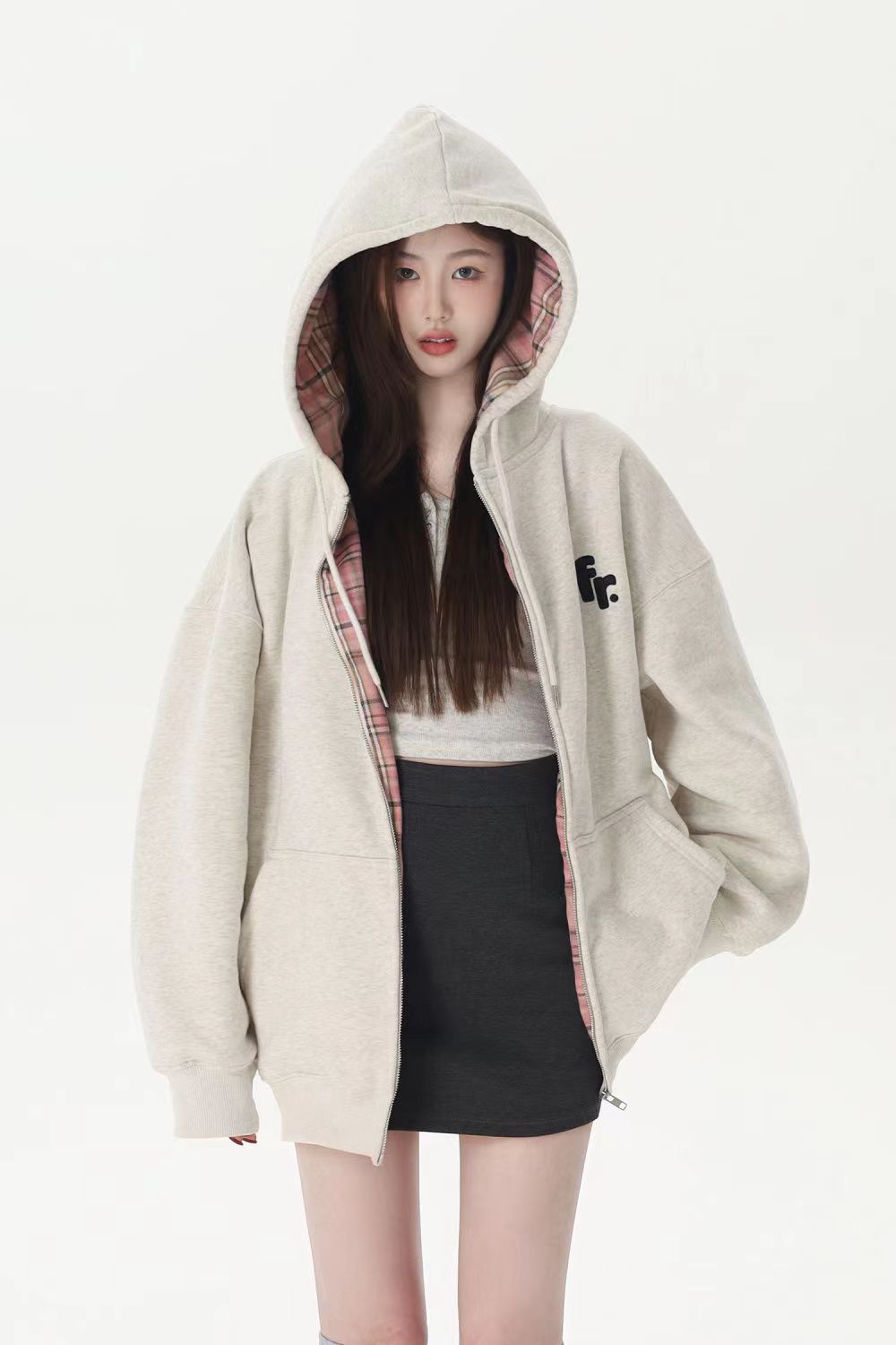 （CVC华棉复合320克）拼接内衬格子布连帽卫衣女装春秋冬长袖外套详情9