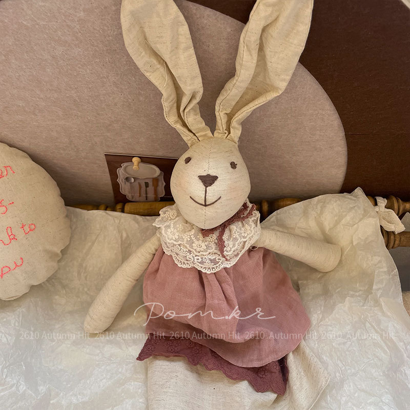 Nueva versión coreana paño hecho a mano algodón lino muñeca de conejo falda de encaje para niños juguetes calmantes hogar mujer Pom.kr vintage lino largo orejas conejo muppet cuello de encaje vestido bicolor suave disponible pic 6