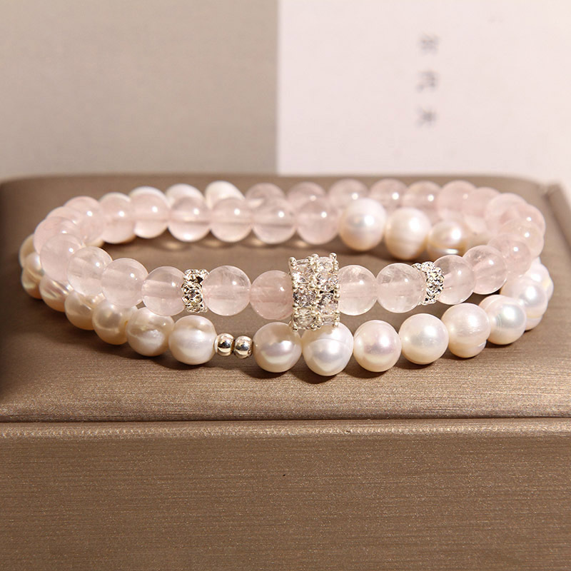 New Chinese-style pink crystal bracelet for women, light luxury, niche and exquisite natural pearl double-loop layered bracelet, high-end jewelry pic 3