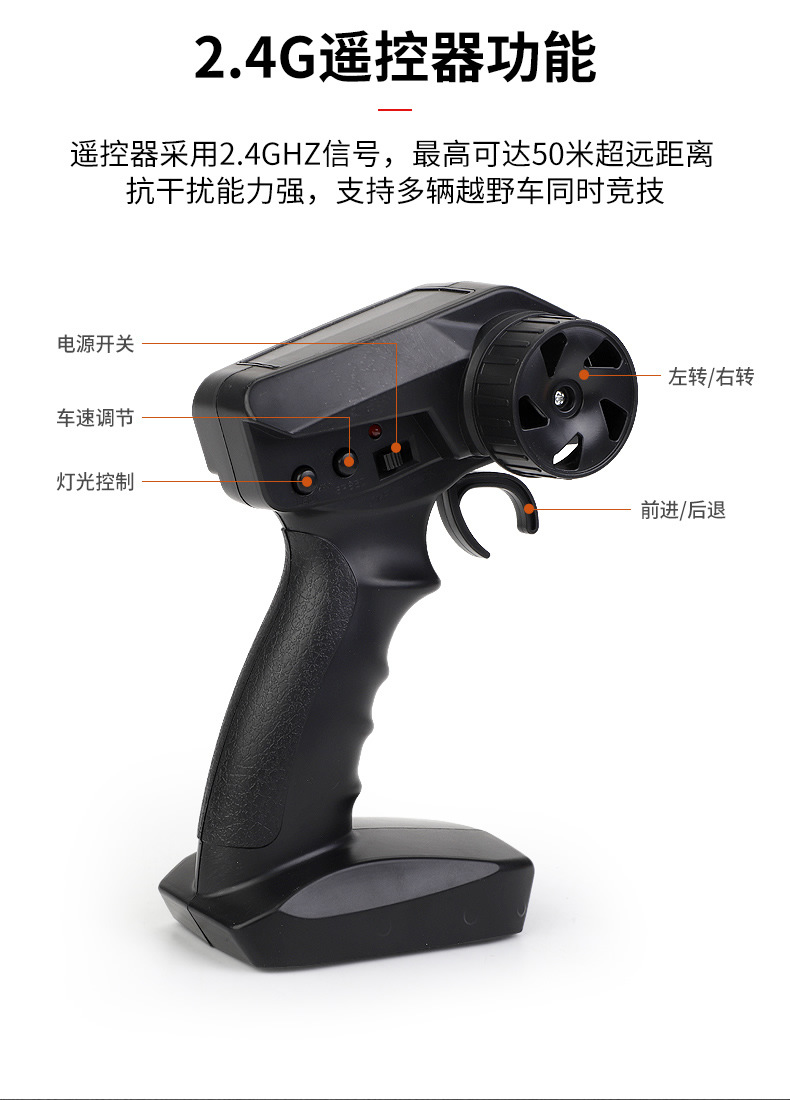 跨境2.4G高速越野车遥控车玩具车皮卡大脚车高低速带灯光手机控制详情11