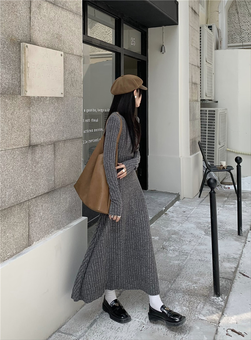 Retro, simple and versatile knitted long-sleeved dress for women, spring waist-cinching and slimming A-line dress, new autumn and winter base long dress pic 35