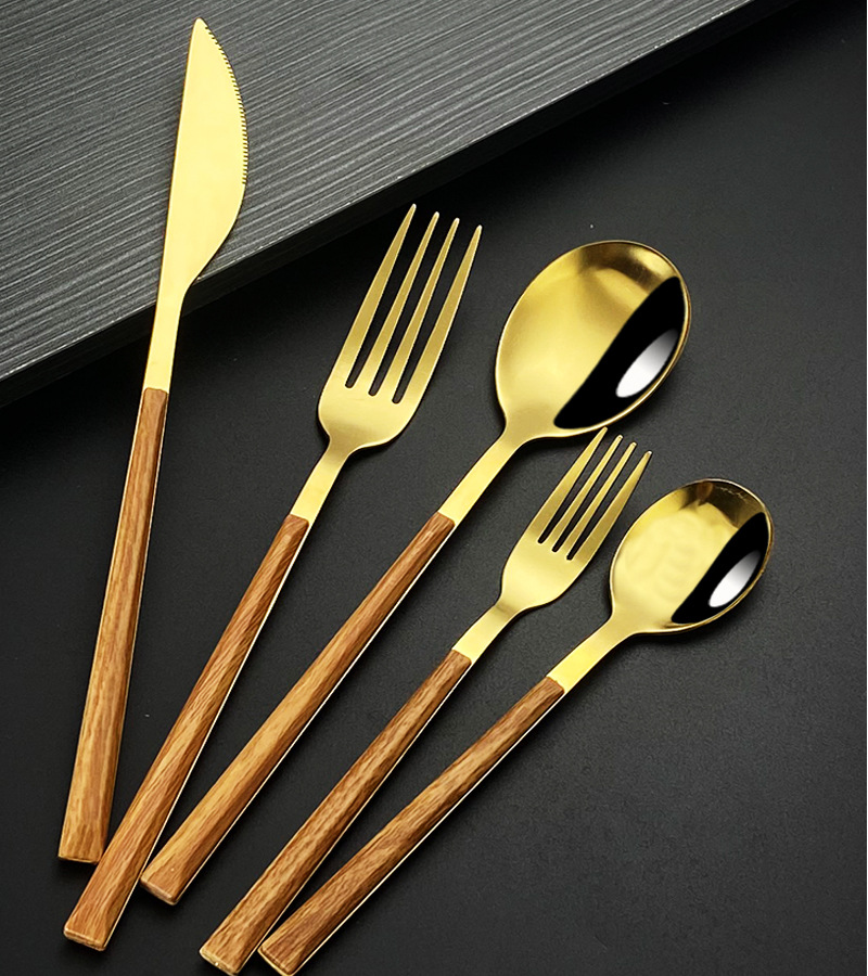 批发不锈钢仿木柄刀叉勺西餐餐具日式餐具牛排刀叉五件套木纹餐具详情15