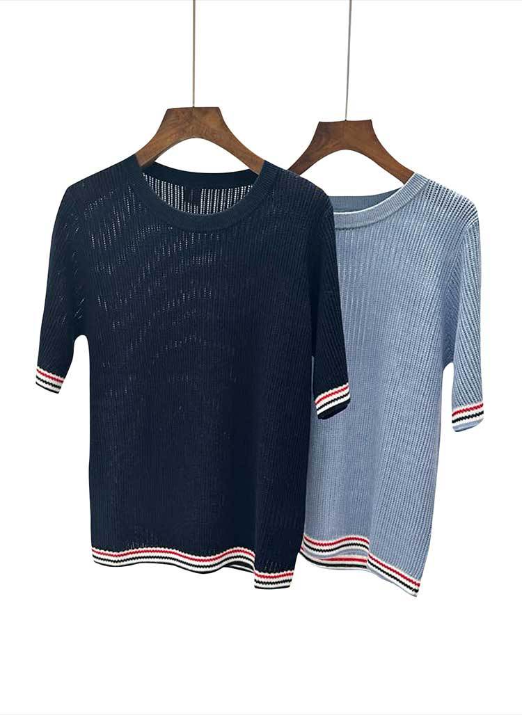 TB精品现货 减龄学院风舒适亲肤竖坑条镂空红蓝绢丝棉短袖针织衫详情4