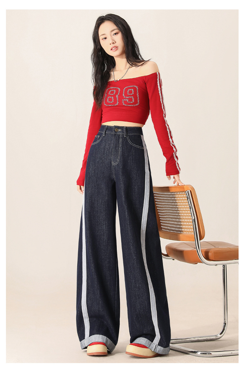 Denim wide-leg jeans for women, Spring 2025 new style, color-blocking and patchwork high-waisted loose straight-leg floor-length pants pic 22