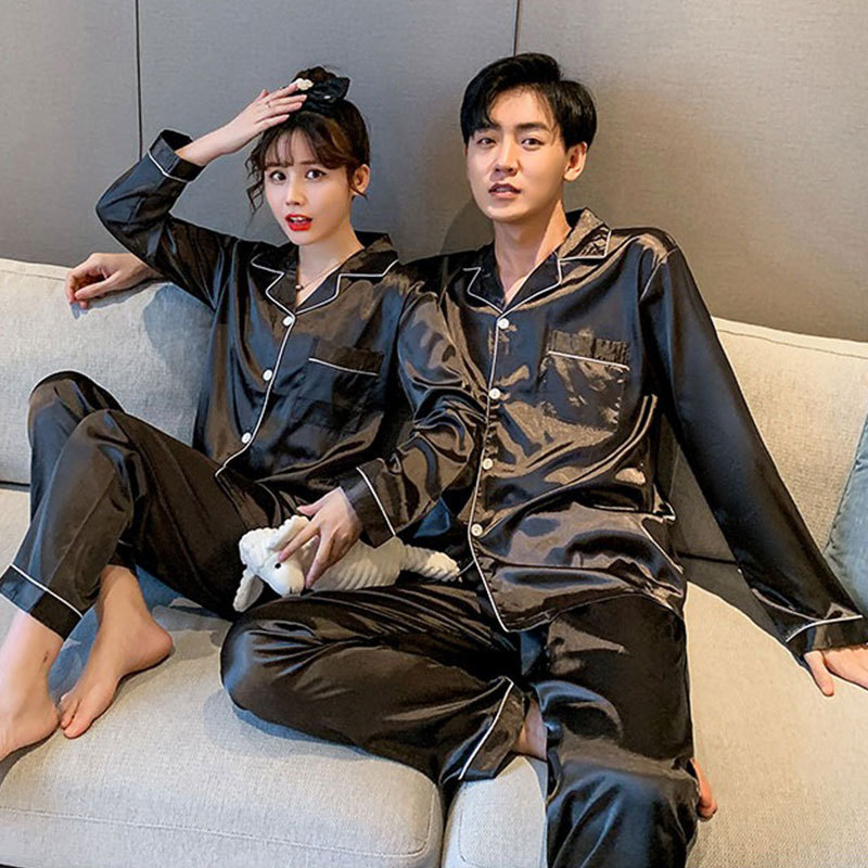 A wholesale set of short-sleeved couple pajamas for spring and autumn, featuring solid ice silk color faux silk for both men and women, can be worn as outerwear for home wear pic 28