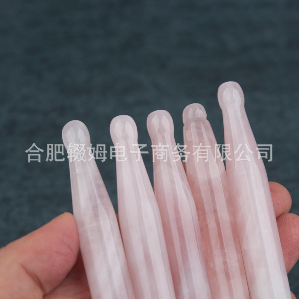 批发外贸天然粉晶玉石按摩器脸部面部刮板质感温润手工打磨穴位笔详情24