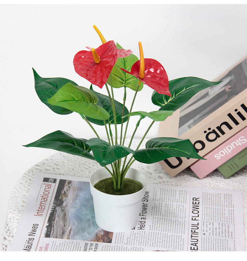 Finished handcrafted red artificial flower anthurium decoration, wedding spring plants, kalanchoe potted artificial green plants, office culture pic 9