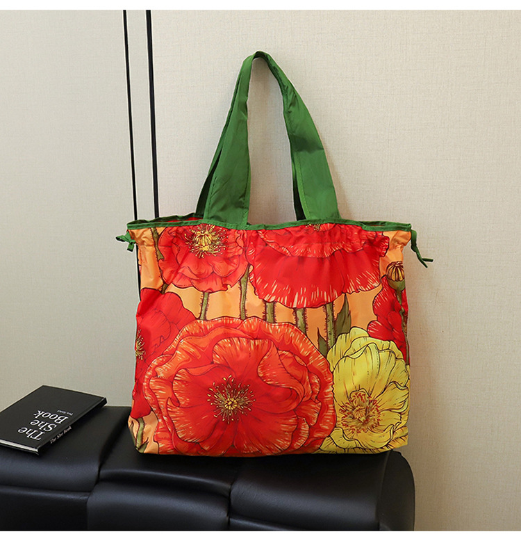 大容量花朵印花单肩包防水购物袋尼龙外出托特包时尚复古手提包详情35