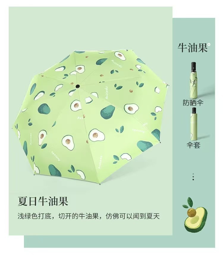 Wholesale of cartoon fruit print umbrellas, fully automatic black rubber sun umbrellas, UV protection and sun protection, and three-fold umbrellas pic 5