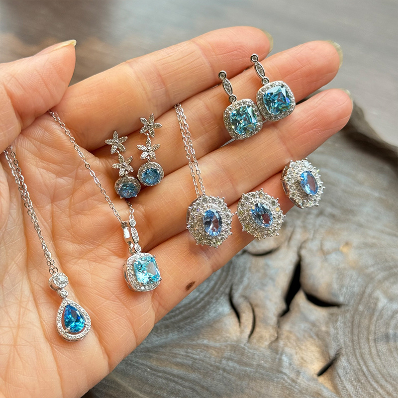 Blue necklace stud earrings collection, all-silver necklace, exquisite and elegant commuting collarbone chain, s925 silver versatile jewelry pic 3