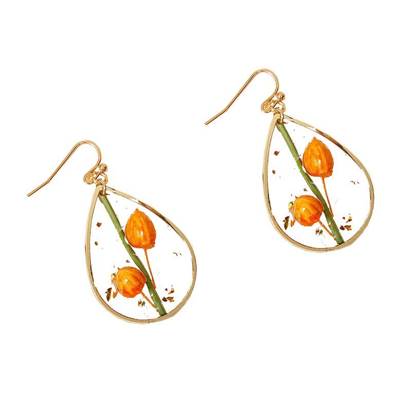 日韩清新甜美滴胶树叶永生花耳环 优雅精致水滴形红干花高级耳饰详情14