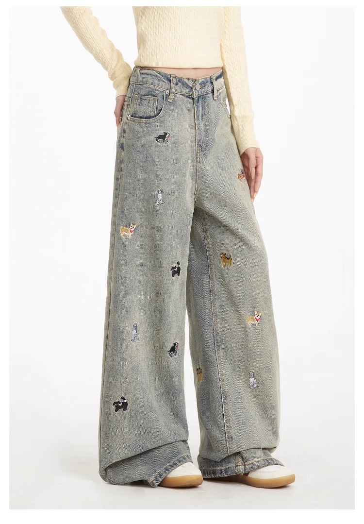 Light-colored high-waisted straight-leg jeans for women, 2025 new embroidered American retro washed wide-leg loose floor-length pants pic 12