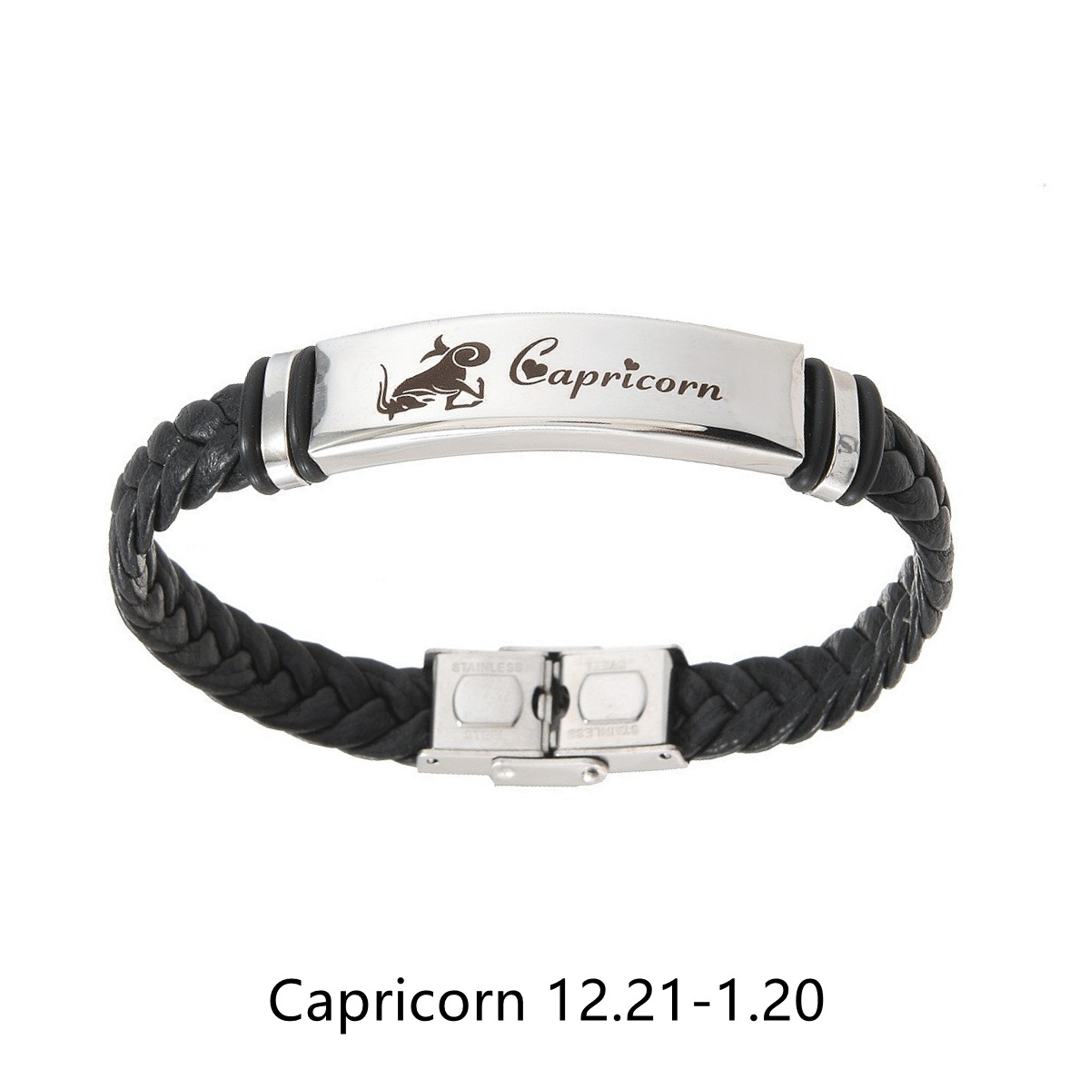 TEMU European and American cross-border personalized 12 zodiac leather woven stainless steel bracelet, elegant black accessory bracelet pic 4