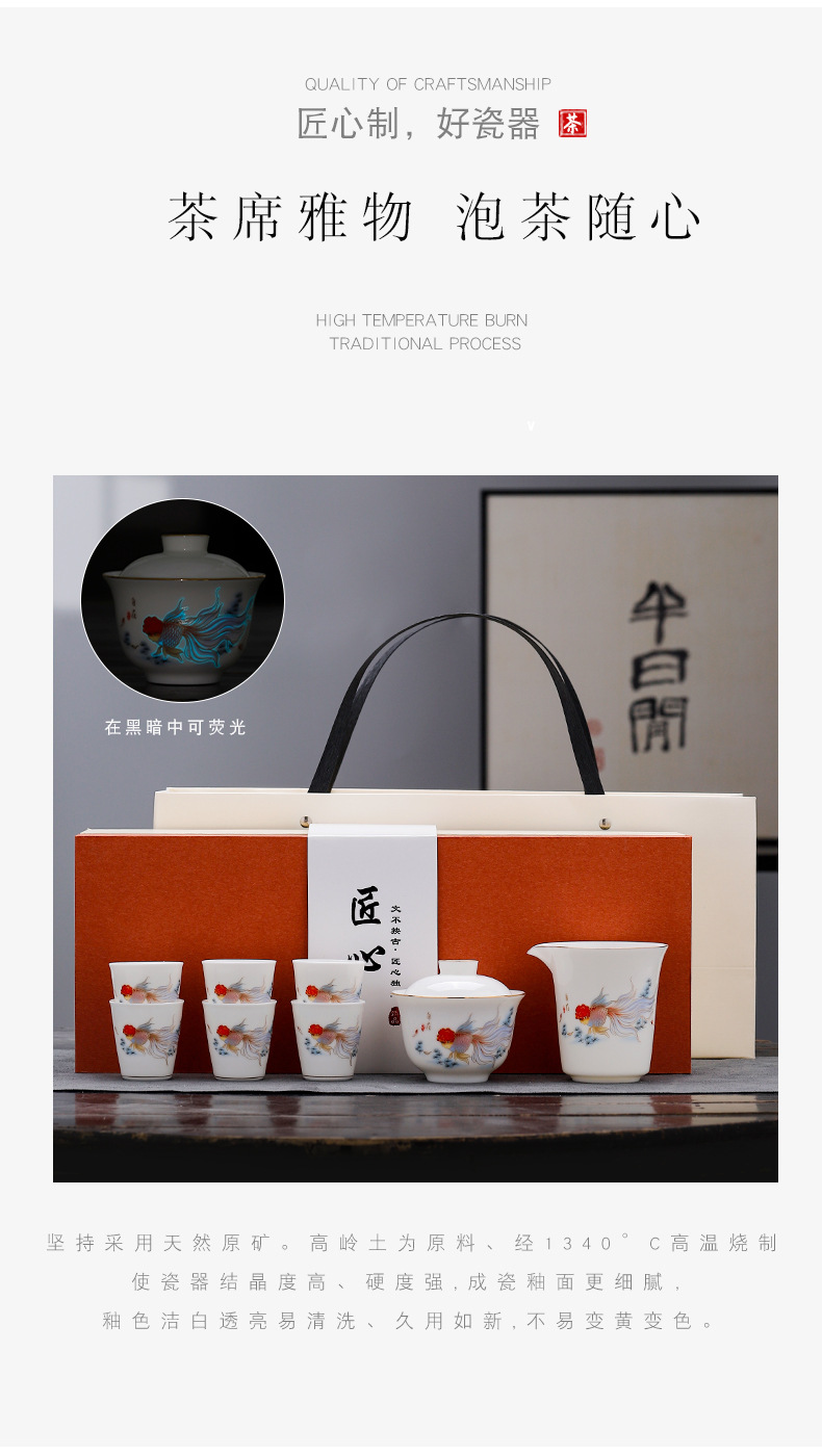 Dehua high-end sheep fat jade porcelain Gongfu tea set, home tea brewing covered bowl cup, company and enterprise festival gift for guests pic 2