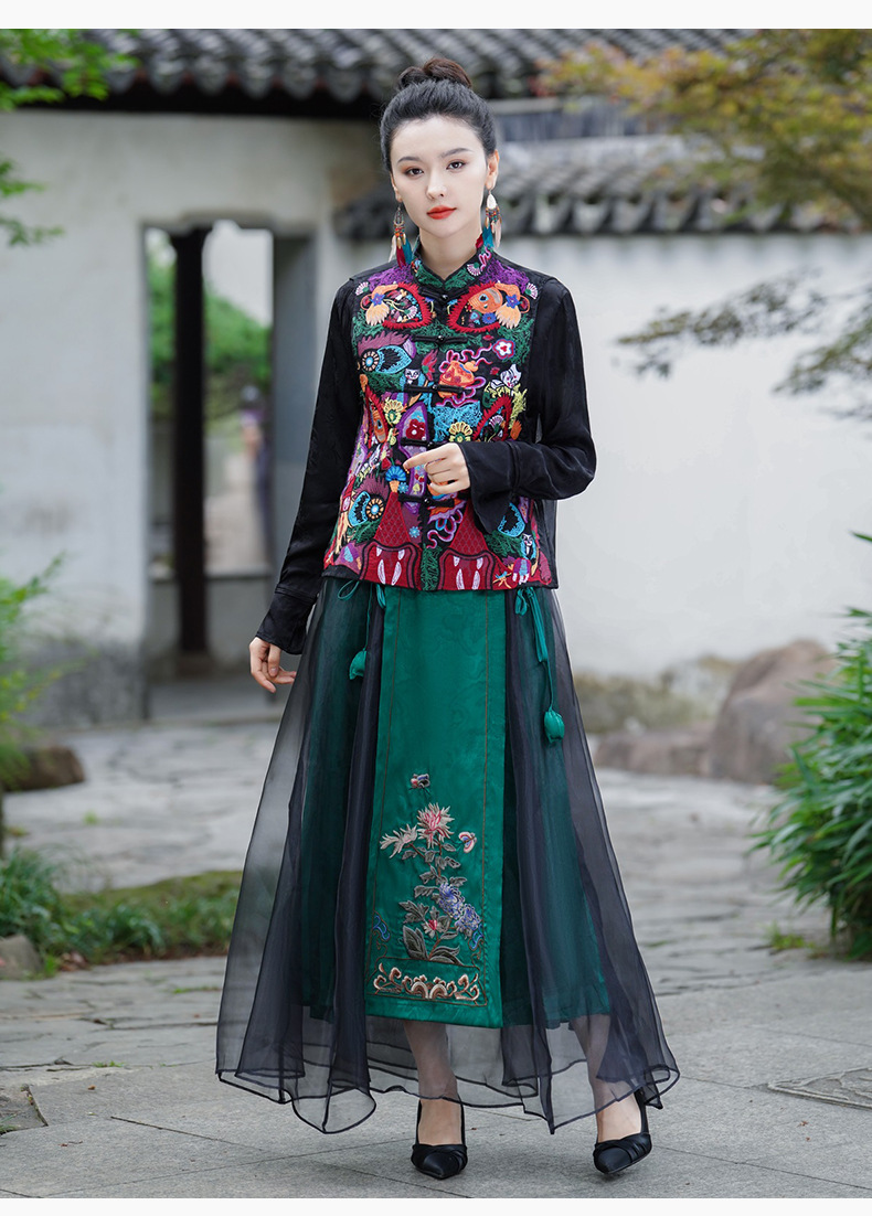 Ethnic style, new Chinese-style national trend, Tencel elastic waist, large swing skirt, long skirt, embroidered flower horse face skirt, A-line skirt pic 9