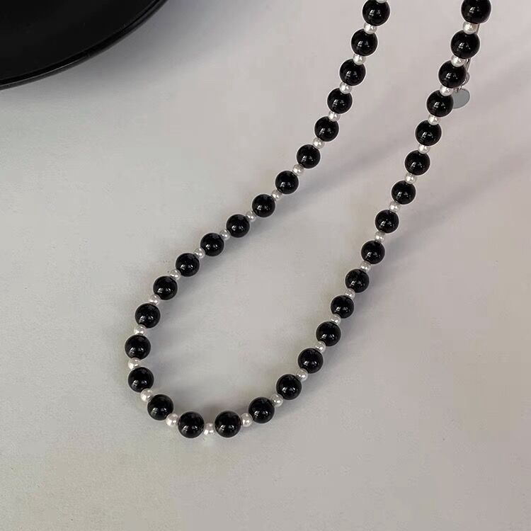 Natural black agate silver bead spliced necklace, Korean s925 pure silver versatile round bead collarbone chain, retro and fashionable jewelry for women pic 2