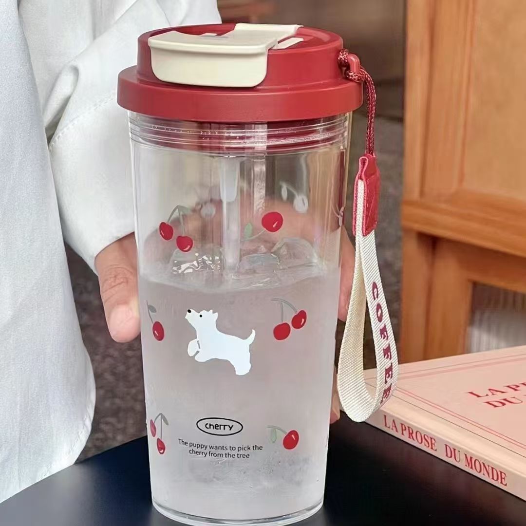 小红书便携可爱学生女生塑料高颜值吸管杯樱桃小狗夏季随手水杯子详情6