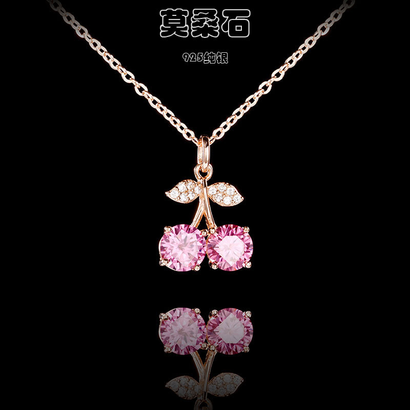 925通体纯银甜美樱桃吊坠玫瑰金粉色莫桑石项链简约百搭夏锁骨链详情3