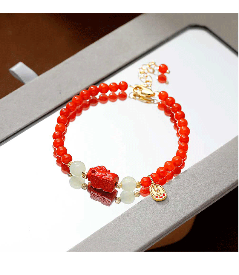 Hyacinth medieval design red agate PI Xiu bracelet, peace and Good fortune beaded bracelet, New Chinese-style New Year festive red jewelry pic 10