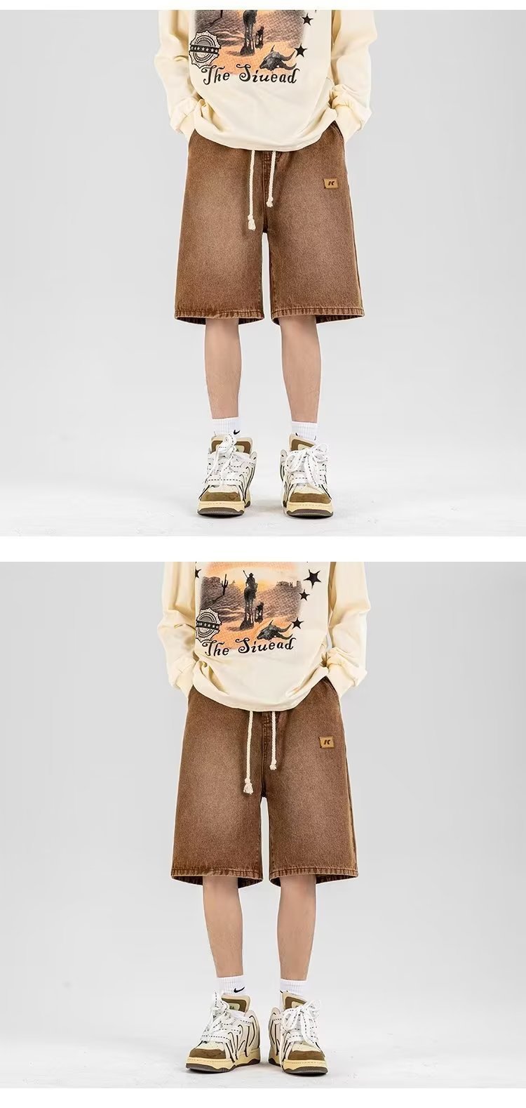 FUIV 夏季港风大码贴标牛仔裤短裤嘻哈ins潮男外贸宽松情侣五分裤 pic 5